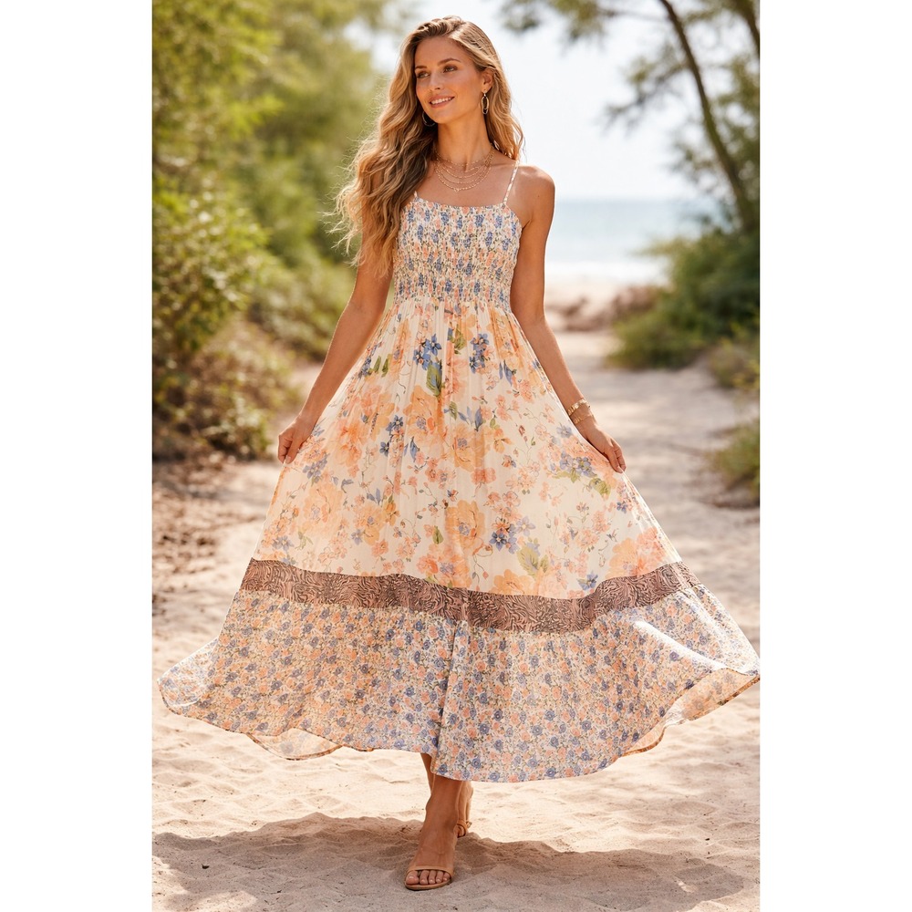 Maaji Sleeveless Maxi Dress Womens Sz M Floral Smocked Lightweight Flowy Peasant